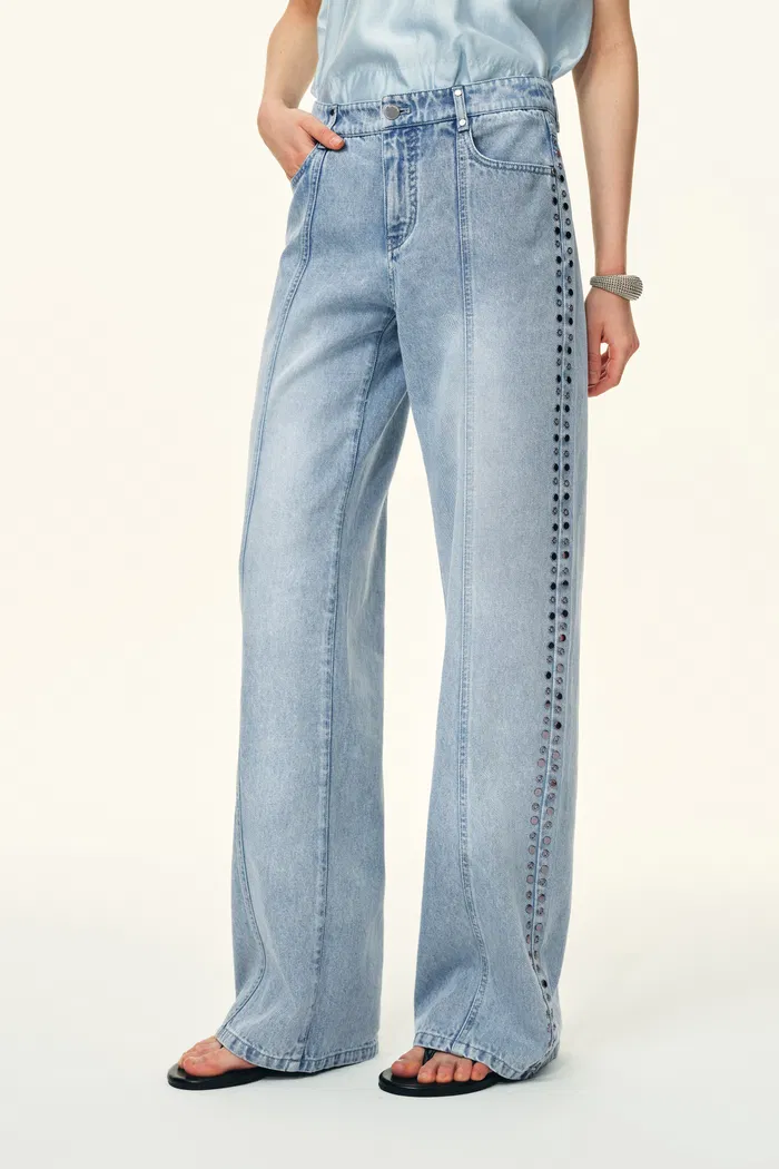 Calli Studded Beading Panel Straight Jeans in in Cotton Denim