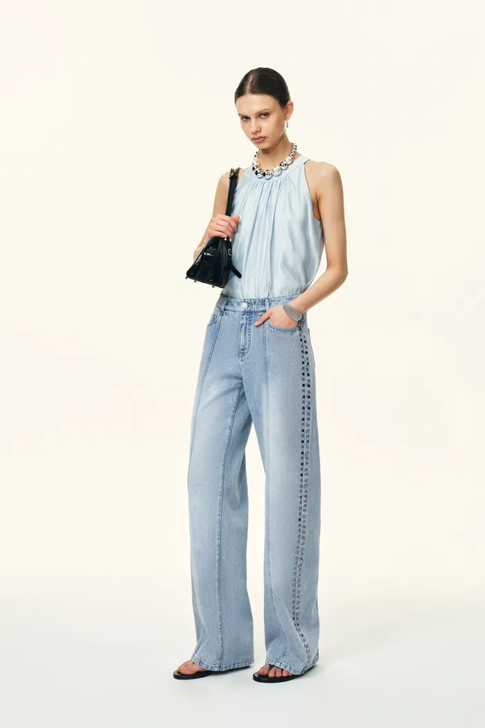 Calli Studded Beading Panel Straight Jeans in in Cotton Denim - Image 2