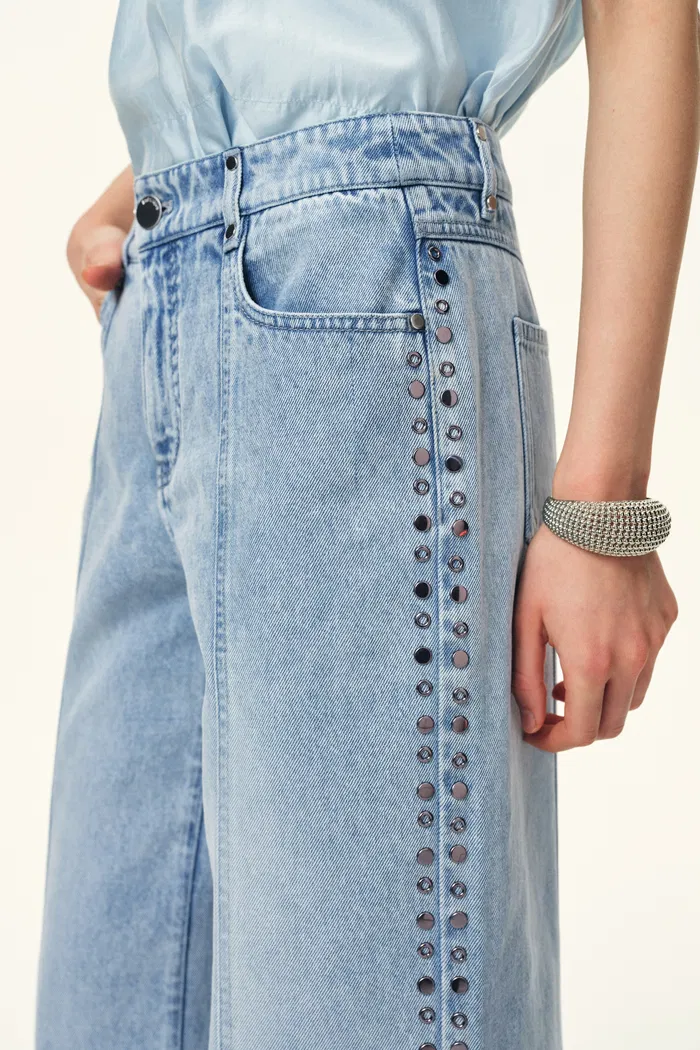 Calli Studded Beading Panel Straight Jeans in in Cotton Denim - Image 4