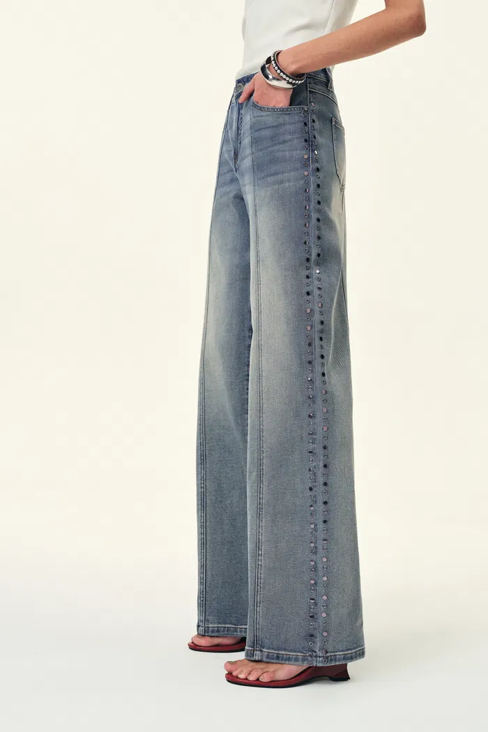 Calli Studded Wide Leg Jeans in Cotton Denim - Image 3