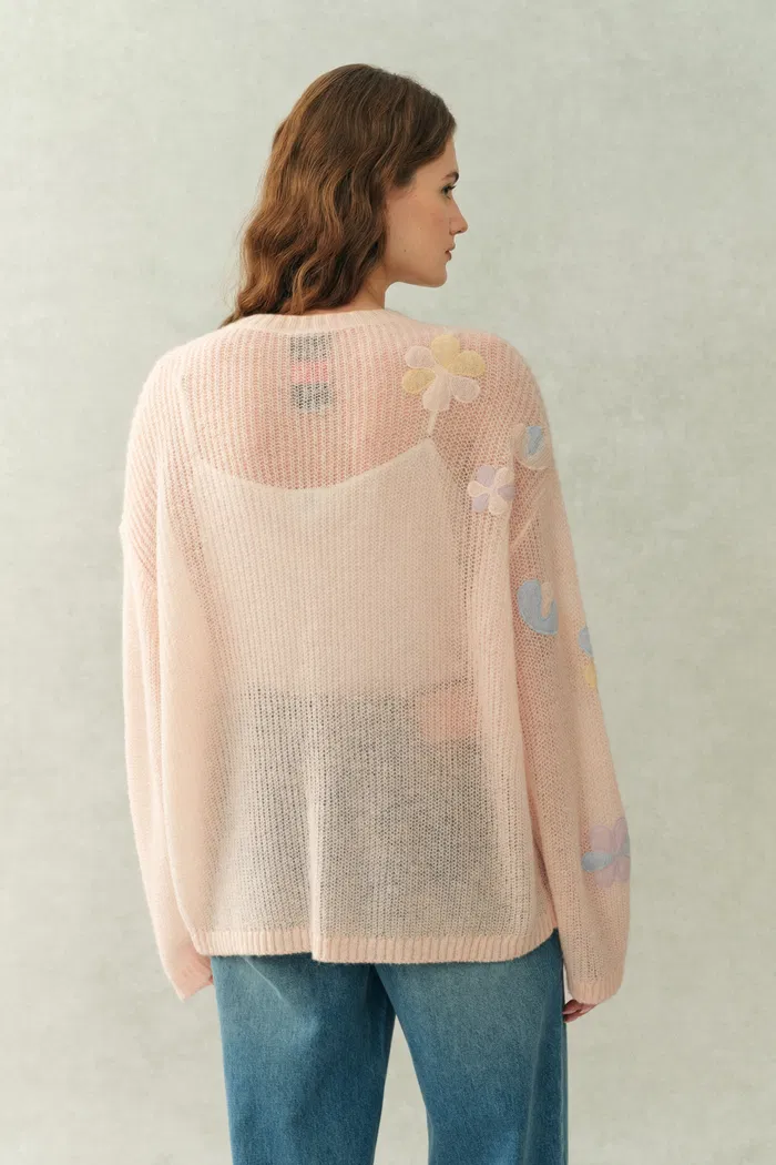 Camille Floral See Through Pullover Sweater in Wool Mohair Blend Knit - Image 3