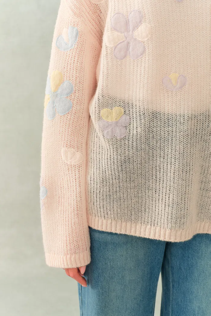Camille Floral See Through Pullover Sweater in Wool Mohair Blend Knit - Image 4