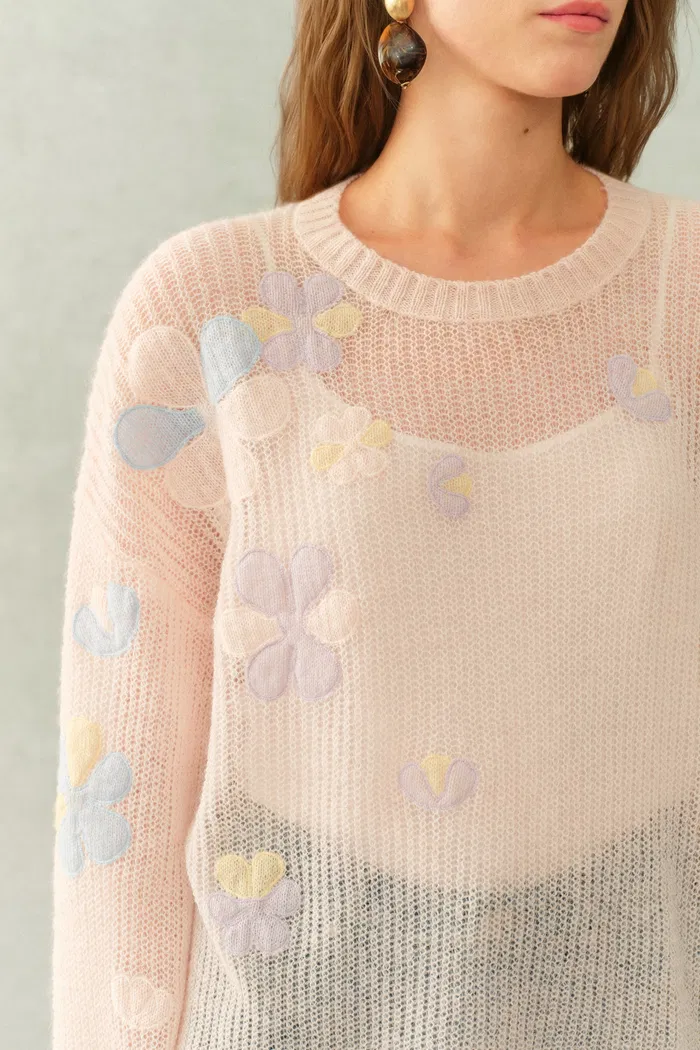 Camille Floral See Through Pullover Sweater in Wool Mohair Blend Knit - Image 5