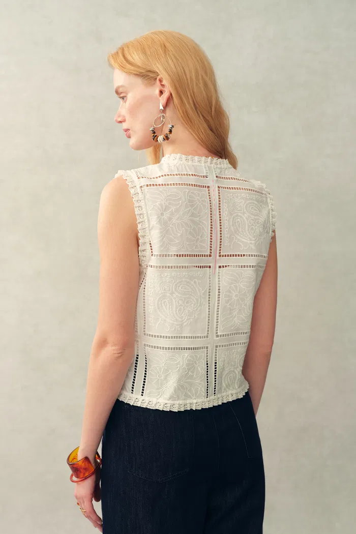 Canoe Paisley Floral Cutwork Tie Front Sleeveless Blouse Top in Cotton - Image 5