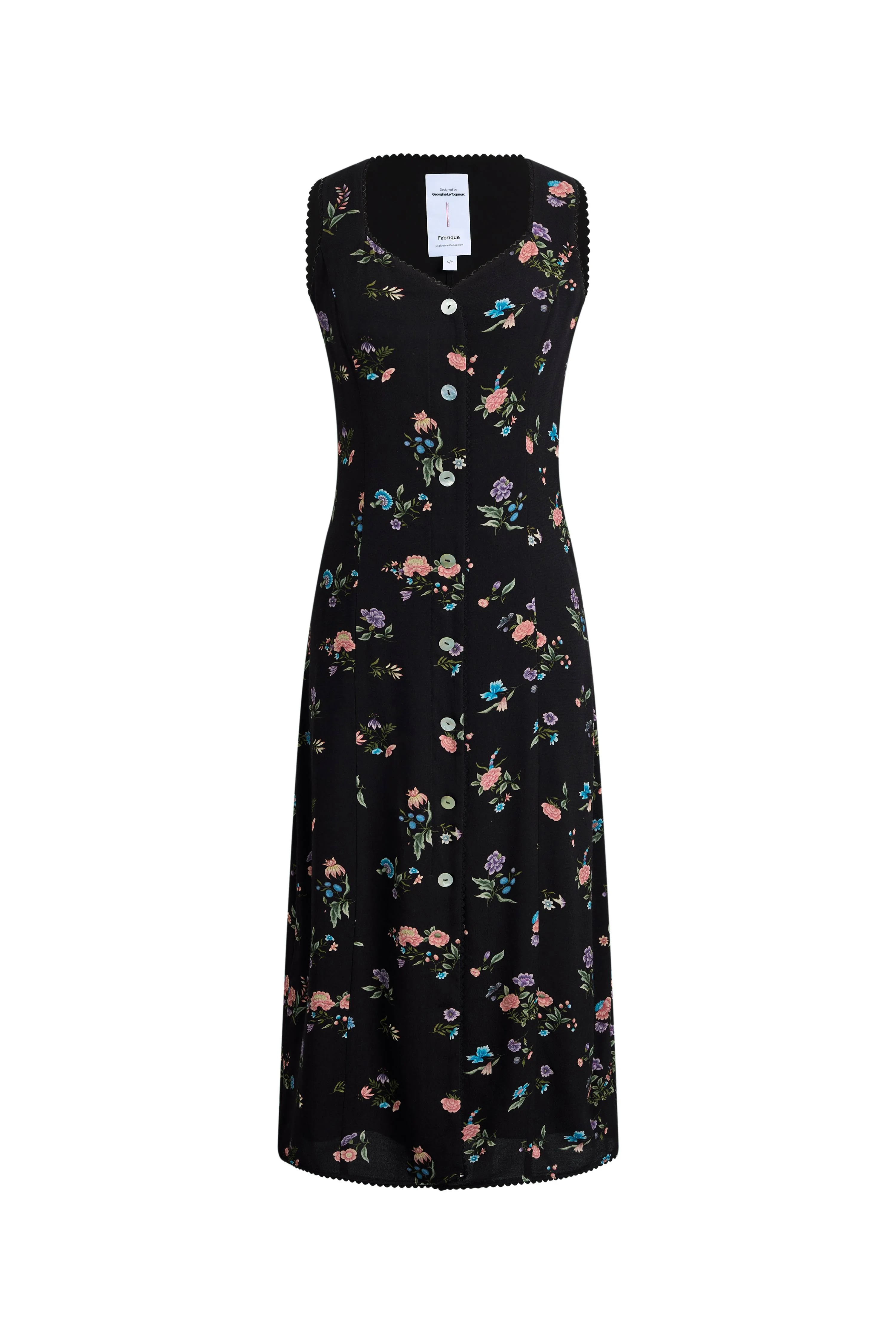 Caro Stitched Floral Scalloped Trim V Neck Cinched Sleeveless Dress in Crinkle Gauze - Image 7