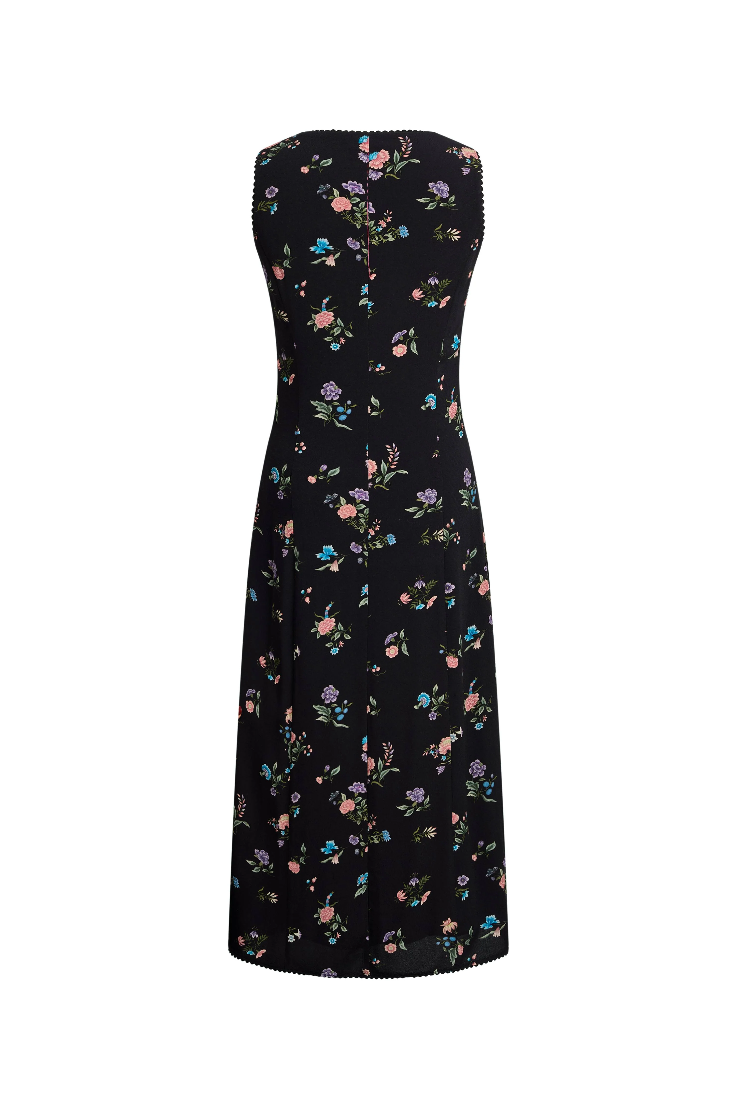 Caro Stitched Floral Scalloped Trim V Neck Cinched Sleeveless Dress in Crinkle Gauze - Image 8
