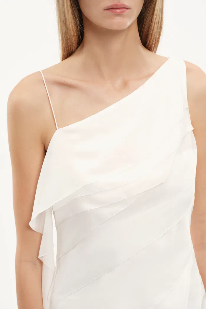 Cascade Ruffled Tie-Front One Shoulder Dress in Mulberry Silk - Image 4