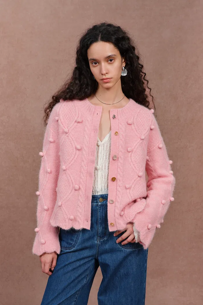 Cassie 3D Pom Pom Cardigan in Merino Wool–Alpaca Blend Knit - Image 2