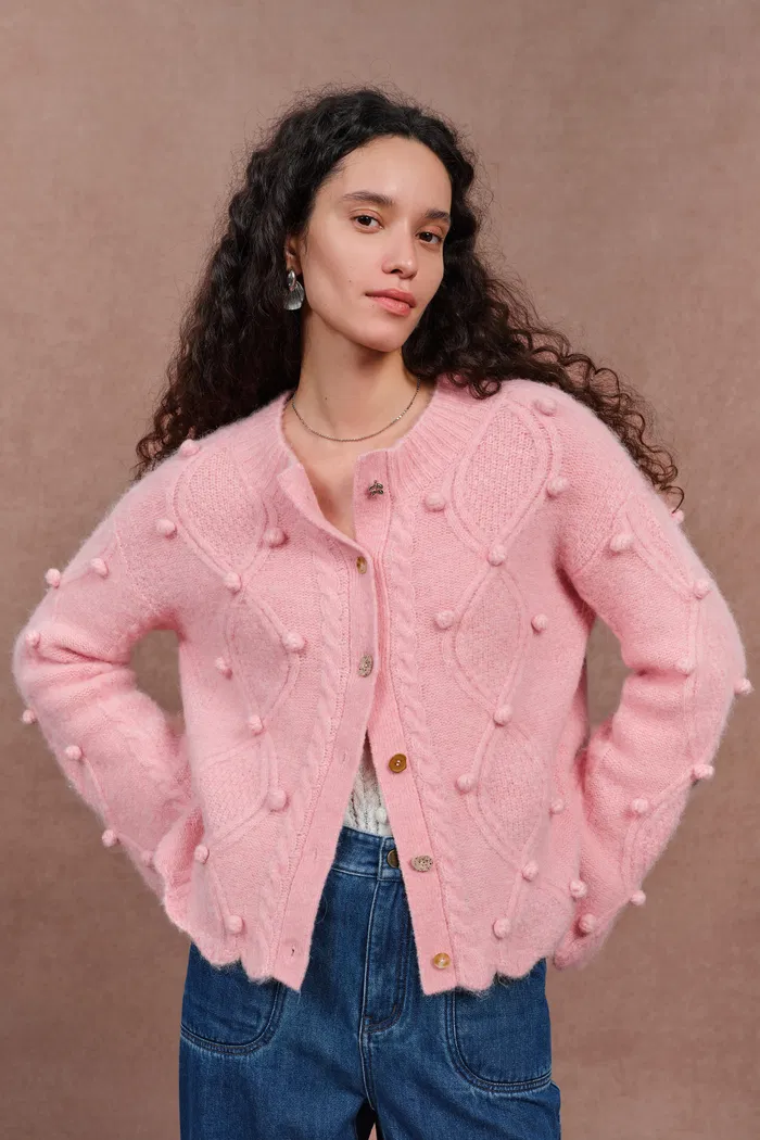 Cassie 3D Pom Pom Cardigan in Merino Wool–Alpaca Blend Knit - Image 4