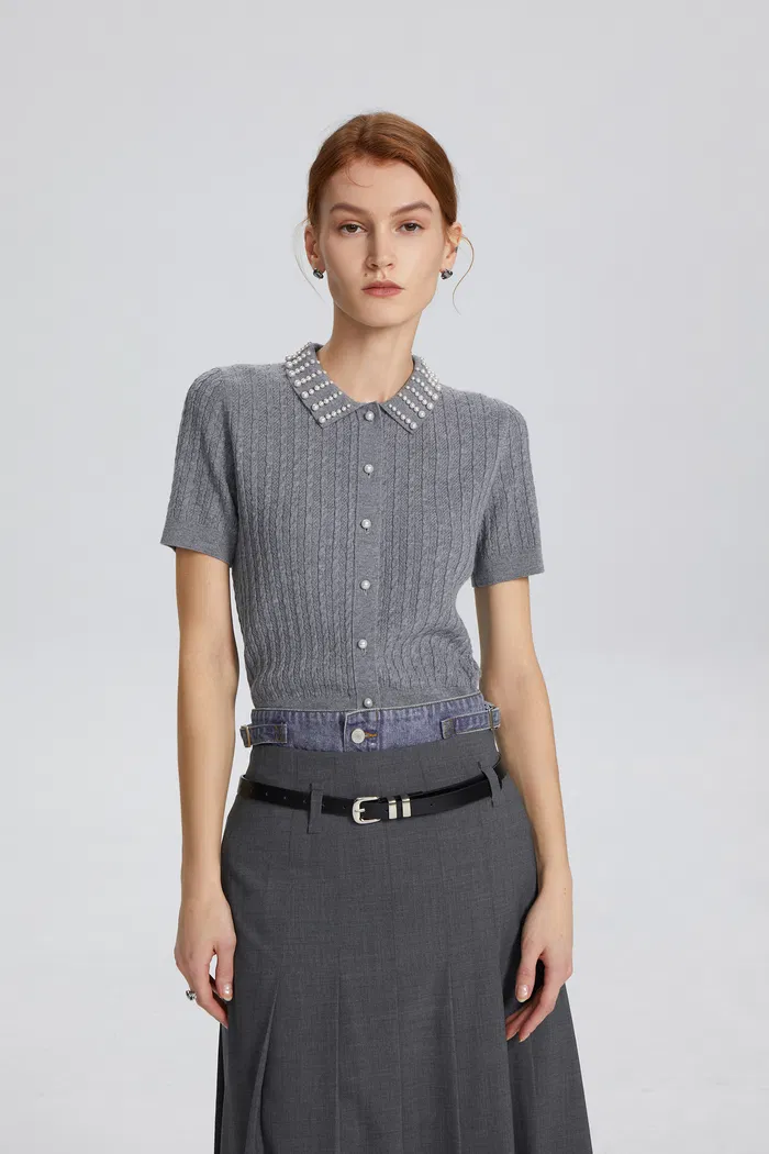 Cassiopea Pearl Embellished Crop Top in Silk Wool Blend - Image 2