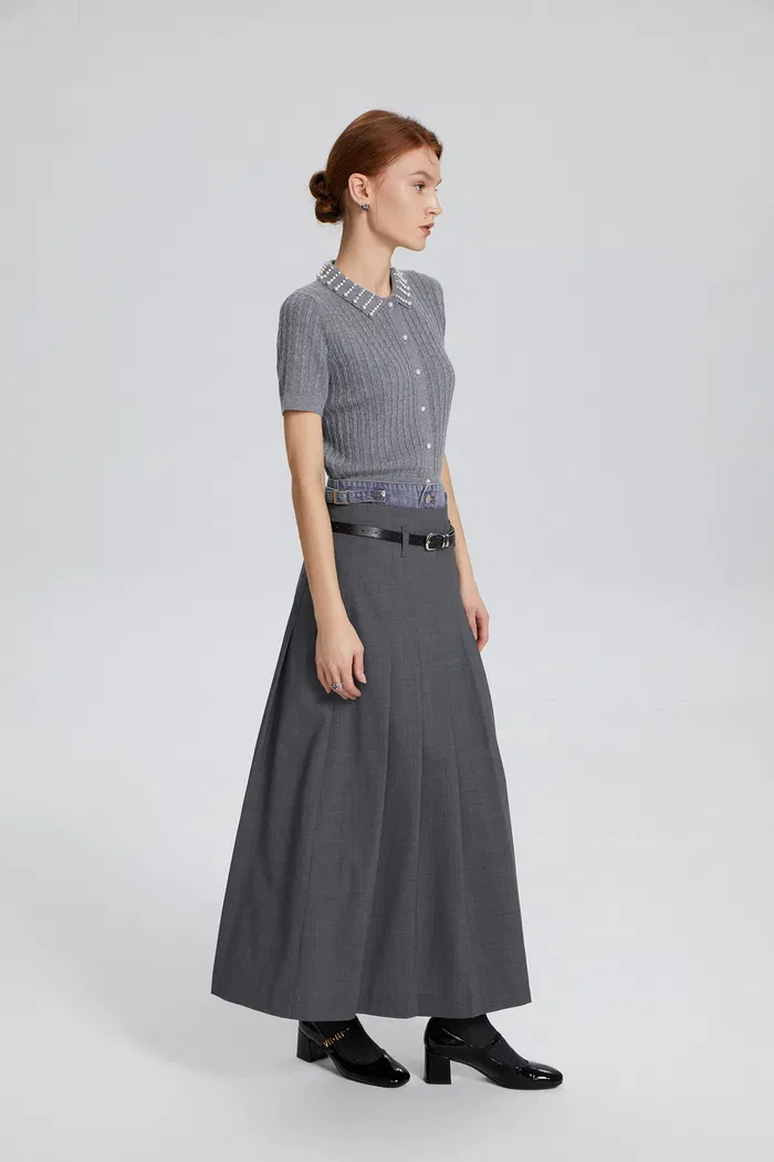 Cassiopea Pearl Embellished Crop Top in Silk Wool Blend - Image 3