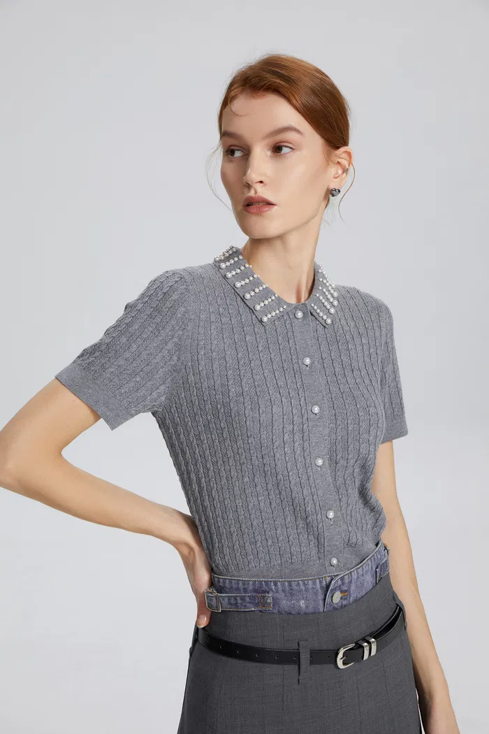 Cassiopea Pearl Embellished Crop Top in Silk Wool Blend - Image 5
