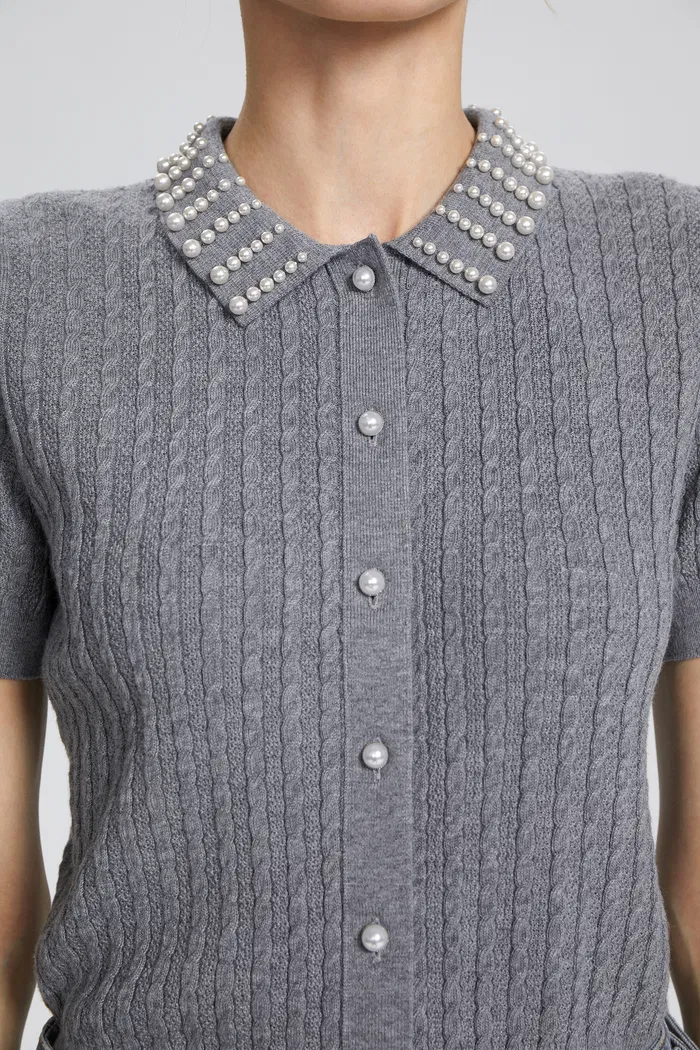 Cassiopea Pearl Embellished Crop Top in Silk Wool Blend - Image 7