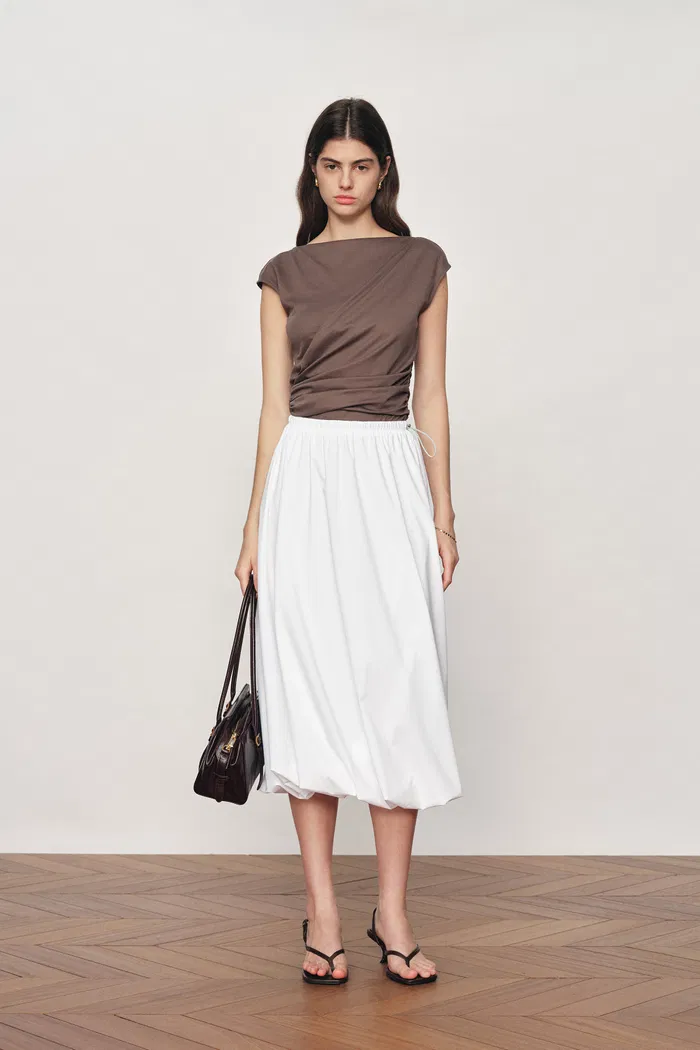 Cathy White Twisted-Seam Bubble Midi Skirt in Lightweight Blend - Image 2