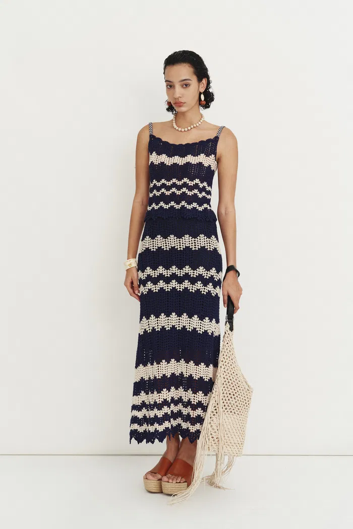 Cecilia Handcrafted Contrast Crochet Strap Sleeveless Top and Skirt Matching Set in Cotton-Linen Blend - Image 3