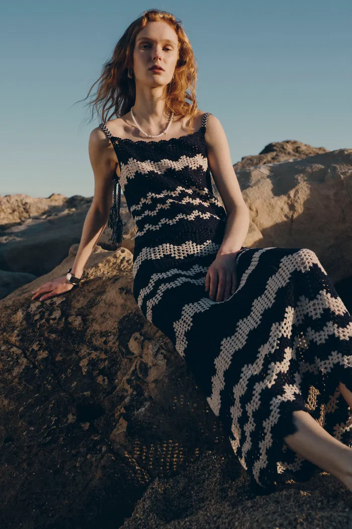 Cecilia Handcrafted Contrast Crochet Strap Sleeveless Top and Skirt Matching Set in Cotton-Linen Blend - Image 5