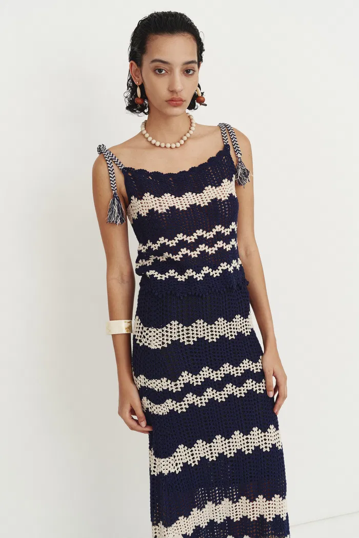 Cecilia Handcrafted Contrast Crochet Strap Sleeveless Top and Skirt Matching Set in Cotton-Linen Blend - Image 7