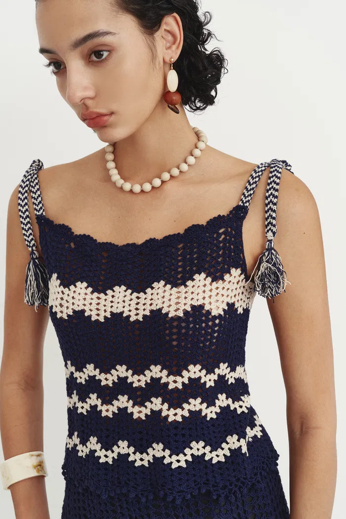 Cecilia Handcrafted Contrast Crochet Strap Sleeveless Top in Cotton-Linen Blend - Image 9