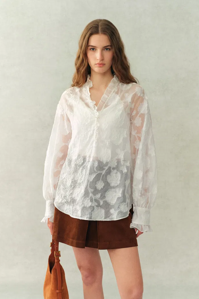 Cecilia Ruffle V Neck Blouse in Burnout chiffon - Image 2