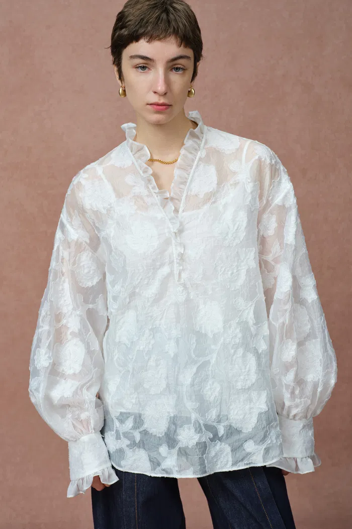 Cecilia Ruffle V Neck Blouse in Burnout chiffon - Image 4