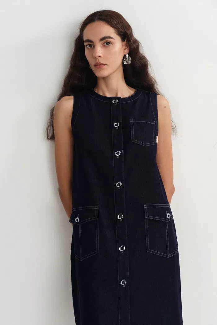 Cecilia Sleeveless Dress in Raw Denim - Image 4