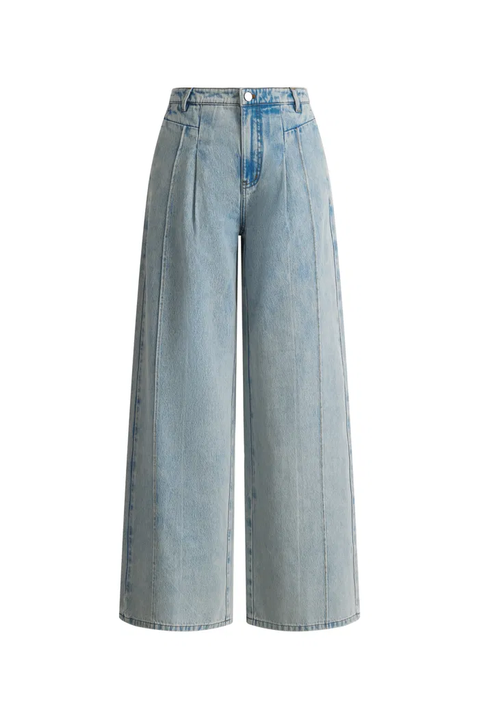 Celeste Light Blue Pleated Wide Leg Jeans in Cotton Denim - Image 6
