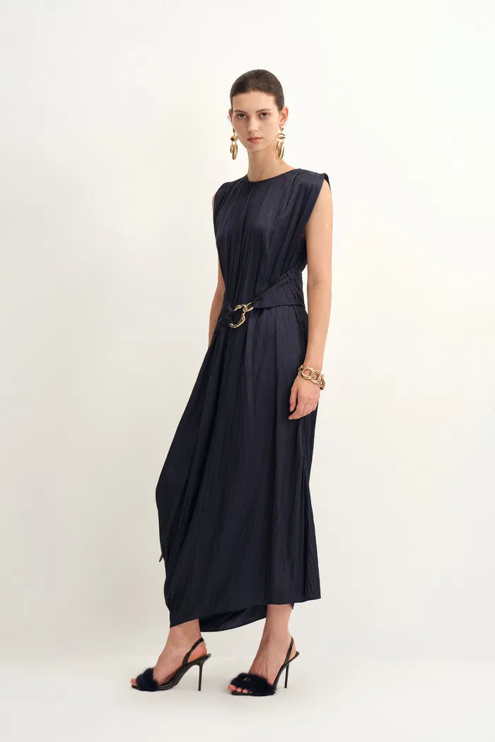 Celeste Sleeveless Navy Dress in Pleated Satin - Image 3