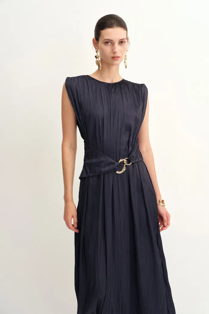 Celeste Sleeveless Navy Dress in Pleated Satin - Image 4