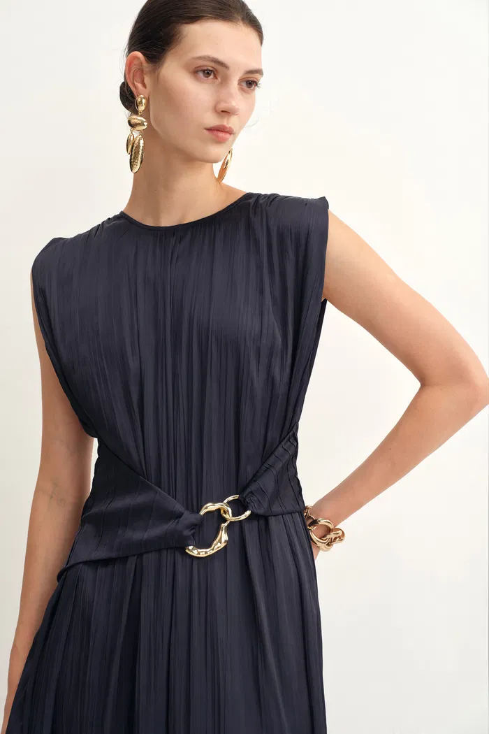 Celeste Sleeveless Navy Dress in Pleated Satin - Image 5
