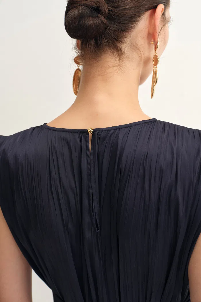 Celeste Sleeveless Navy Dress in Pleated Satin - Image 6