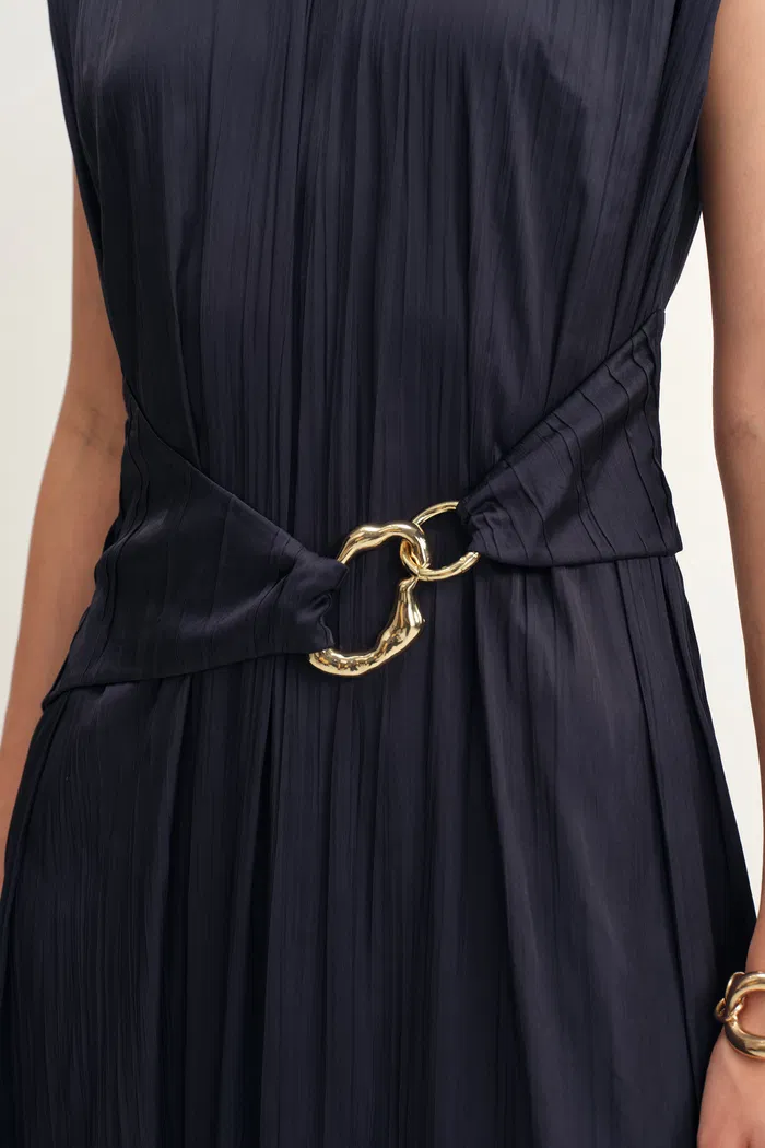 Celeste Sleeveless Navy Dress in Pleated Satin - Image 7