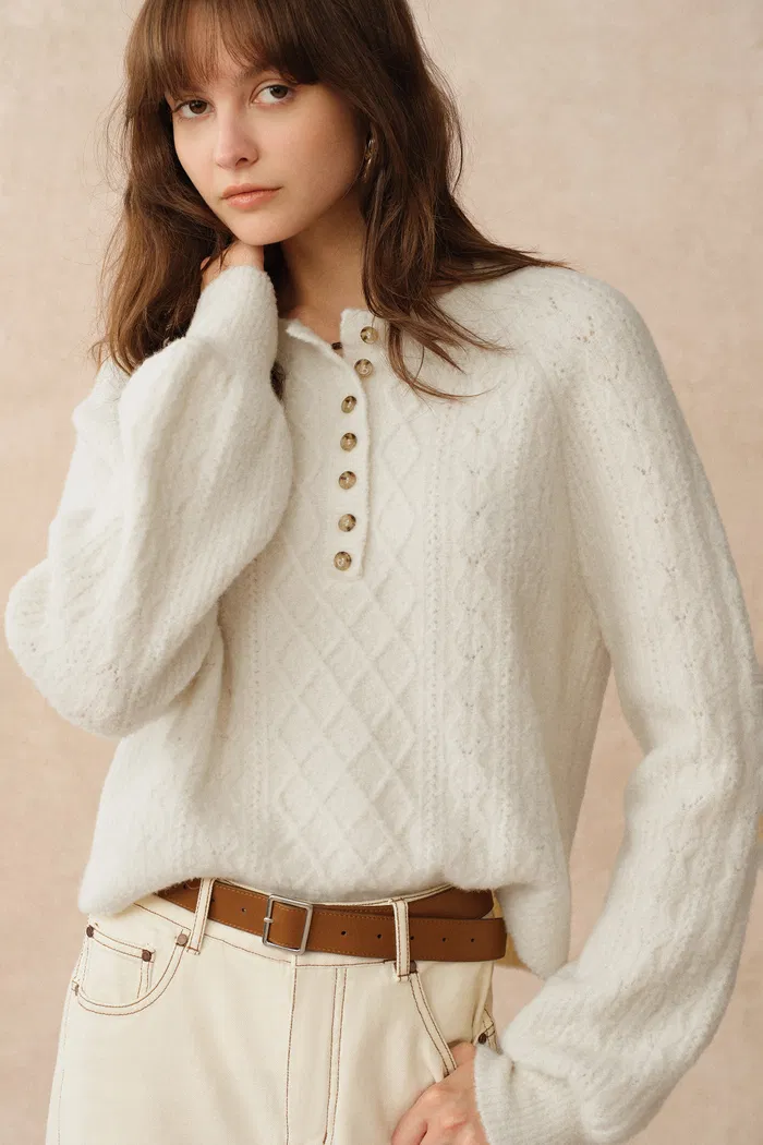 Cersei Hand Work Henley Cable Pattern Sweater in Merino Wool - Image 2