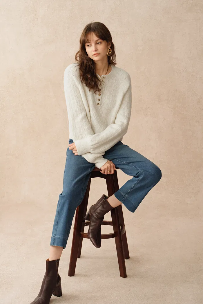 Cersei Hand Work Henley Cable Pattern Sweater in Merino Wool - Image 3