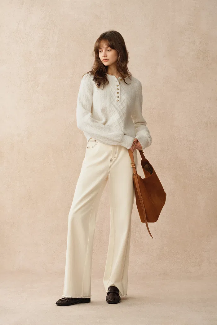 Cersei Hand Work Henley Cable Pattern Sweater in Merino Wool - Image 4