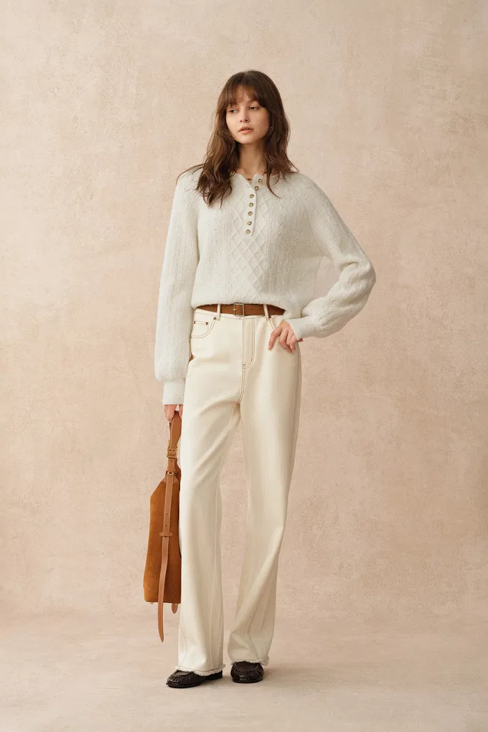 Cersei Hand Work Henley Cable Pattern Sweater in Merino Wool - Image 5