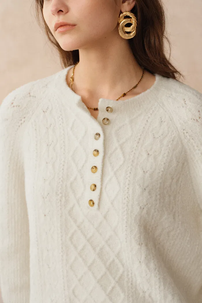 Cersei Hand Work Henley Cable Pattern Sweater in Merino Wool - Image 7