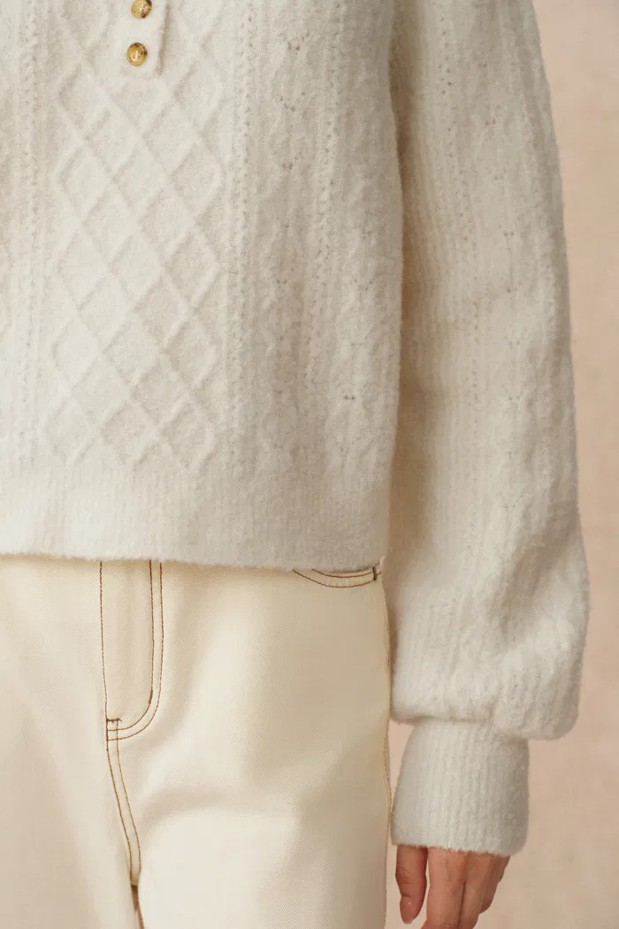 Cersei Hand Work Henley Cable Pattern Sweater in Merino Wool - Image 8