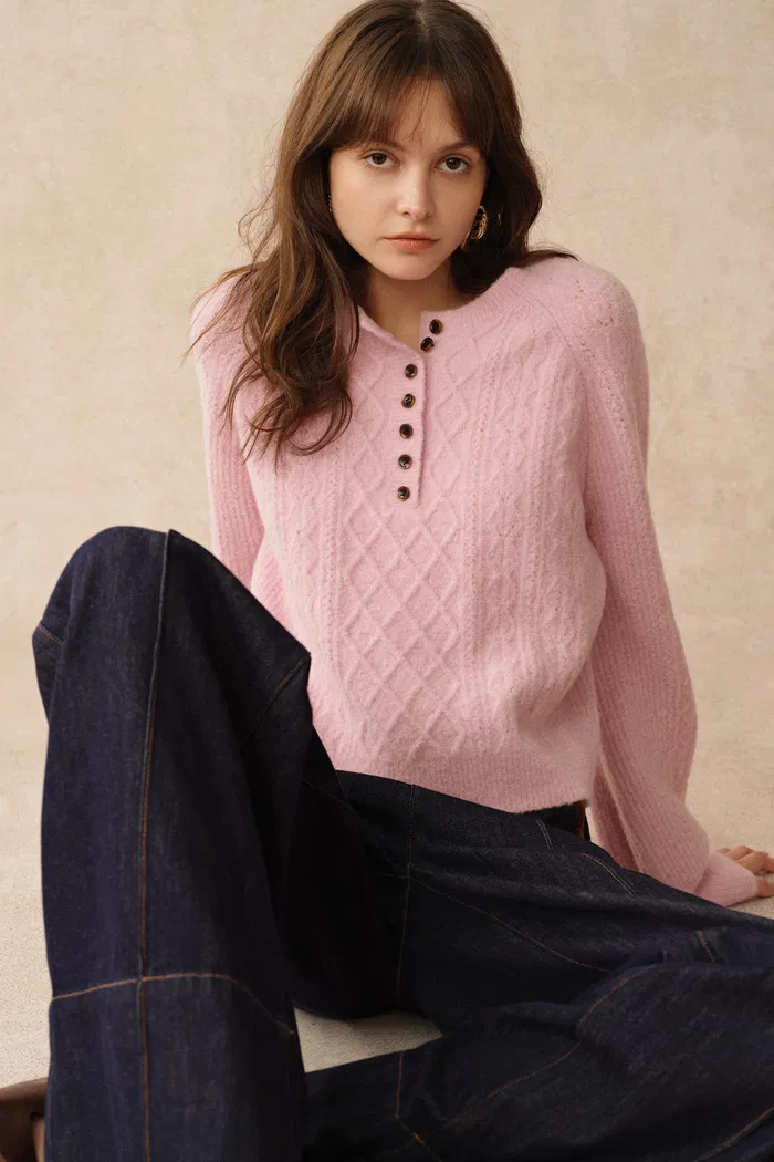 Cersei Hand Work Henley Cable Pattern Sweater in Merino Wool - Image 2