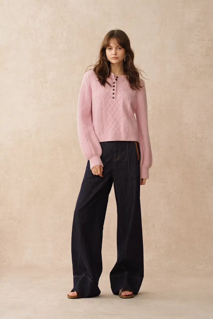 Cersei Hand Work Henley Cable Pattern Sweater in Merino Wool - Image 3
