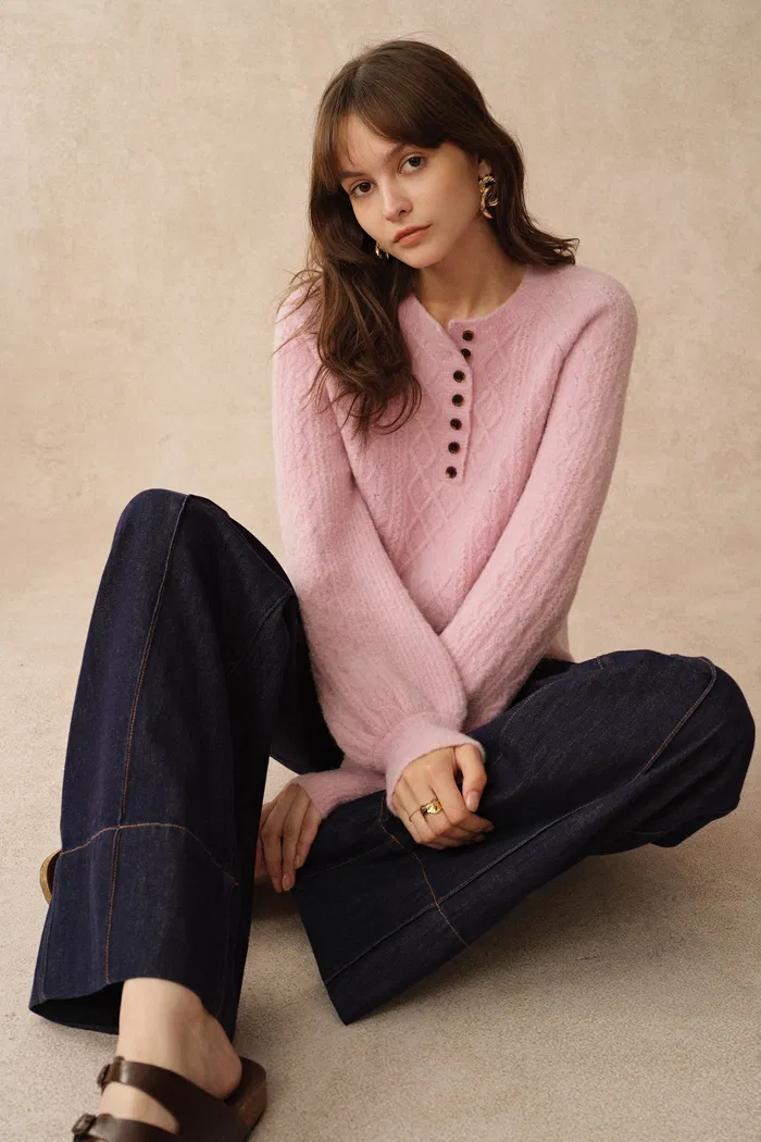 Cersei Hand Work Henley Cable Pattern Sweater in Merino Wool - Image 4