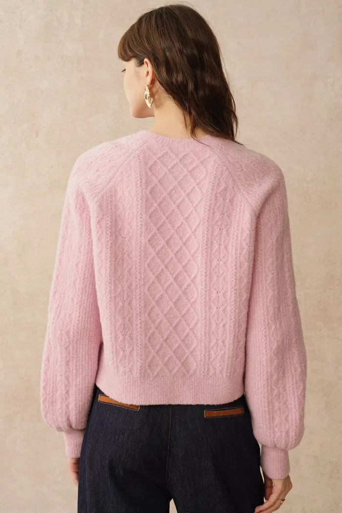 Cersei Hand Work Henley Cable Pattern Sweater in Merino Wool - Image 6