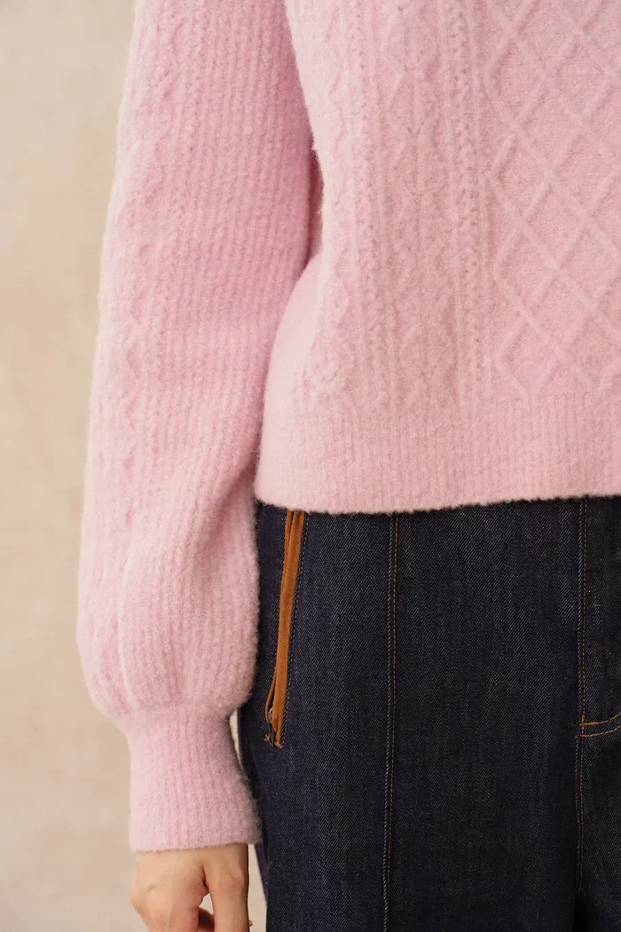 Cersei Hand Work Henley Cable Pattern Sweater in Merino Wool - Image 7