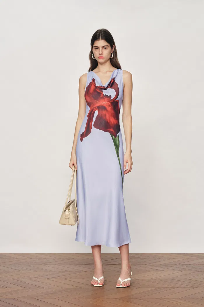 Cersei Iris Print Cowl Neck Sleeveless Dress in Soft Satin