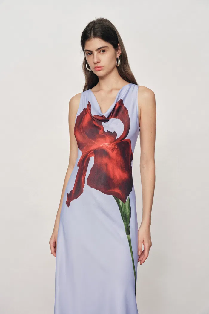 Cersei Iris Print Cowl Neck Sleeveless Dress in Soft Satin - Image 3
