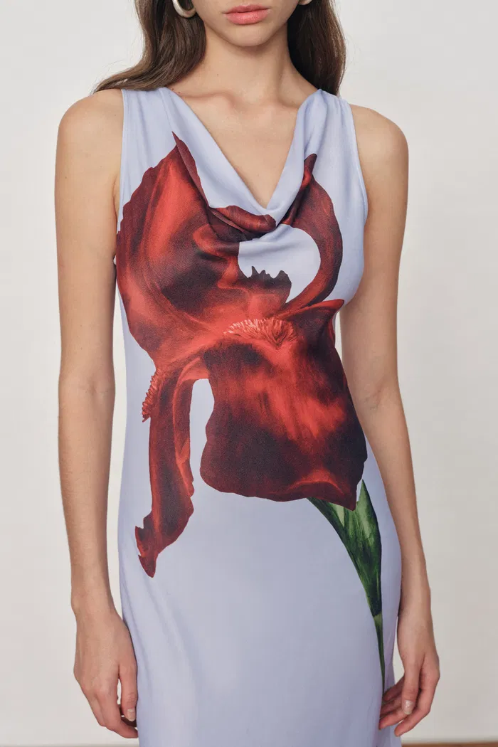 Cersei Iris Print Cowl Neck Sleeveless Dress in Soft Satin - Image 4