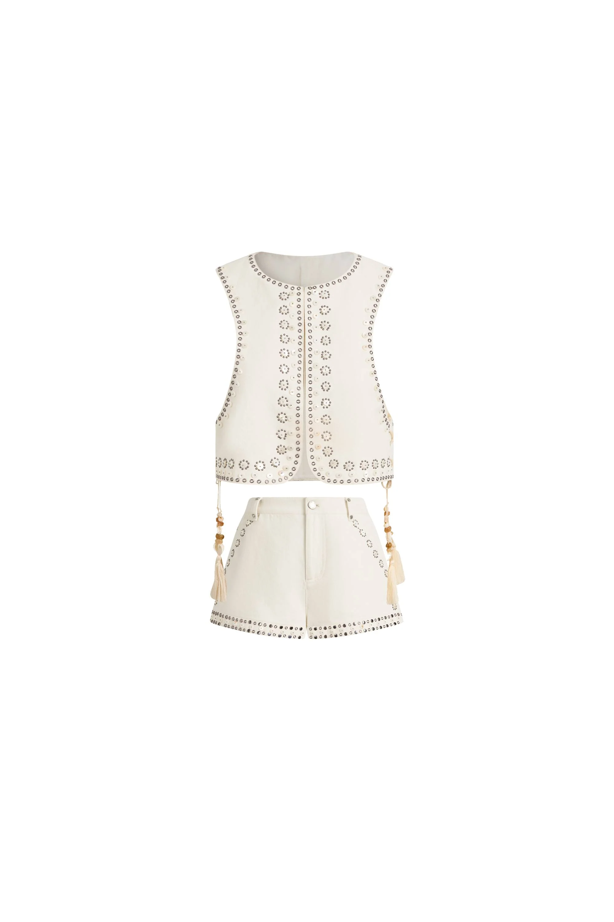 Charlie Boho Mother of Pearl Studded Side Tassel Tie Vest Top and Shorts Set in Cotton Denim - Image 8