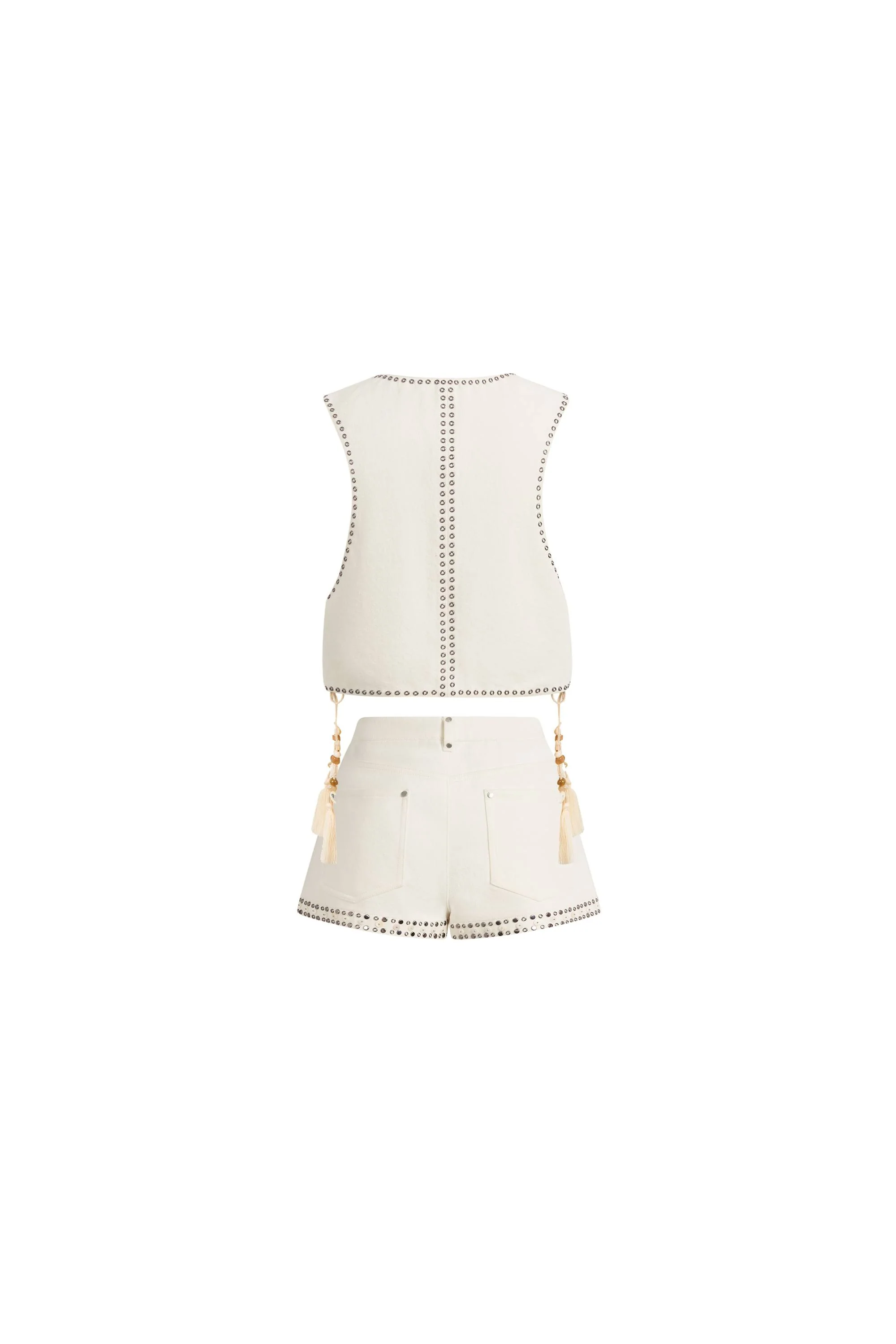 Charlie Boho Mother of Pearl Studded Side Tassel Tie Vest Top and Shorts Set in Cotton Denim - Image 9