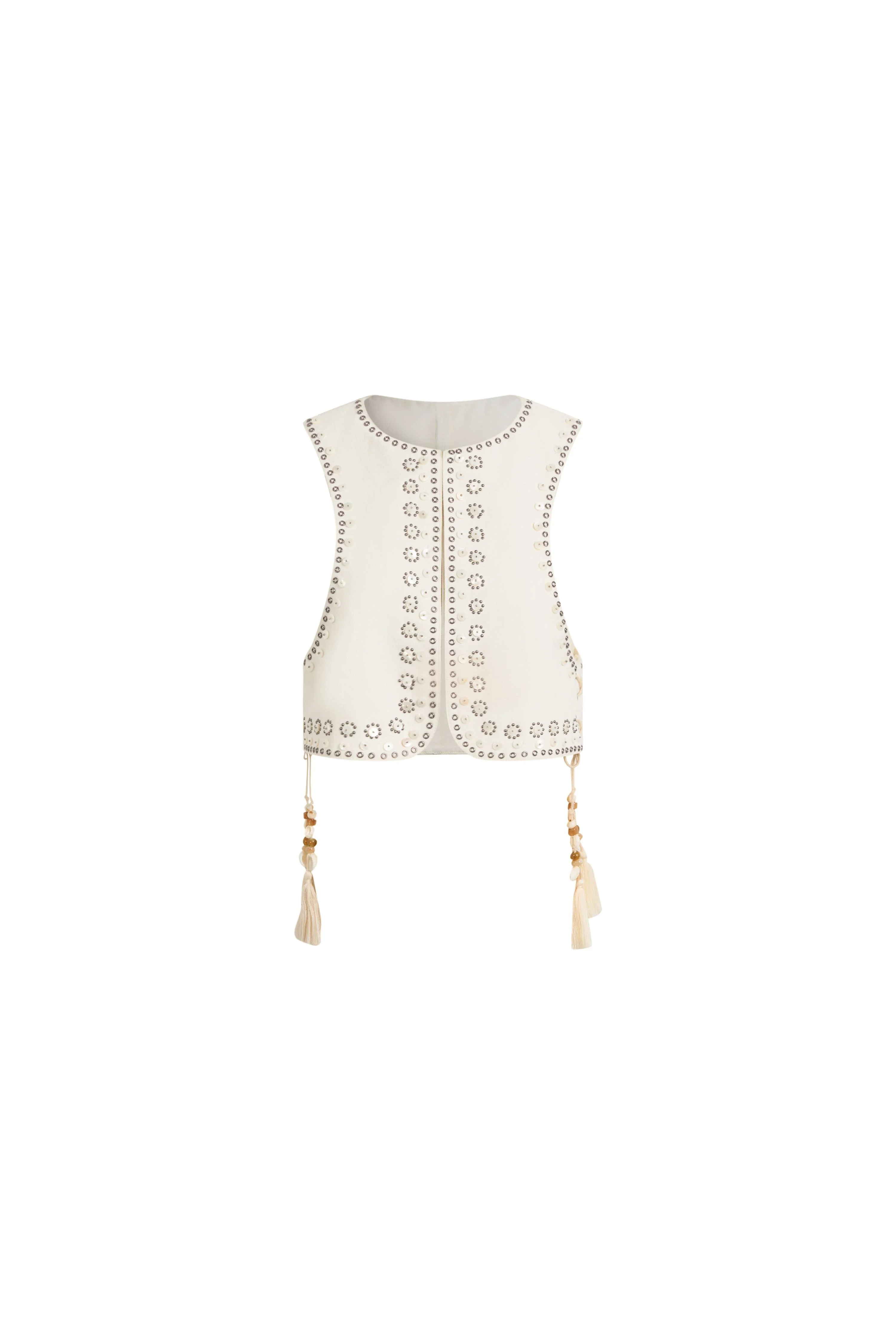 Charlie Boho Mother of Pearl Studded Side Tassel Tie Vest Top in Cotton Denim - Image 8