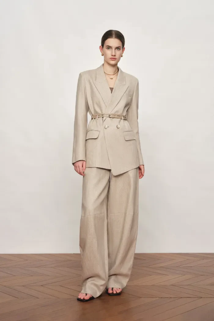 Charlie Deconstructed Asymmetric Double-Belt Blazer and Pants in Cotton Linen