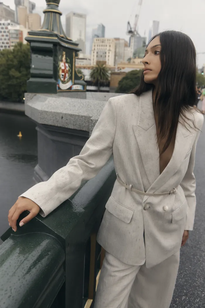 Charlie Deconstructed Asymmetric Double-Belt Blazer and Pants in Cotton Linen - Image 3